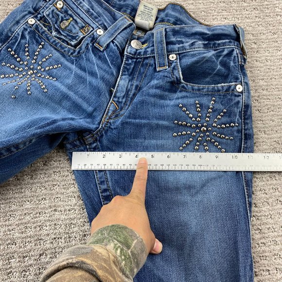 Vintage True Religion Jeans Women 29 Blue Denim Beaded Distressed Rip Ricky Pant - Picture 14 of 16